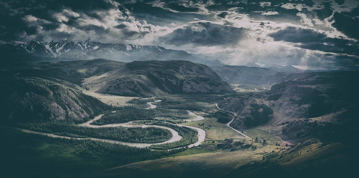 чуя, алтай, курай, северо-чуйский, хребет, горный, горы, облака, небо, свет, лучи, закат, сопки, лес, деревья, долина, дорога, путешествие, панорама, Игорь Токарев