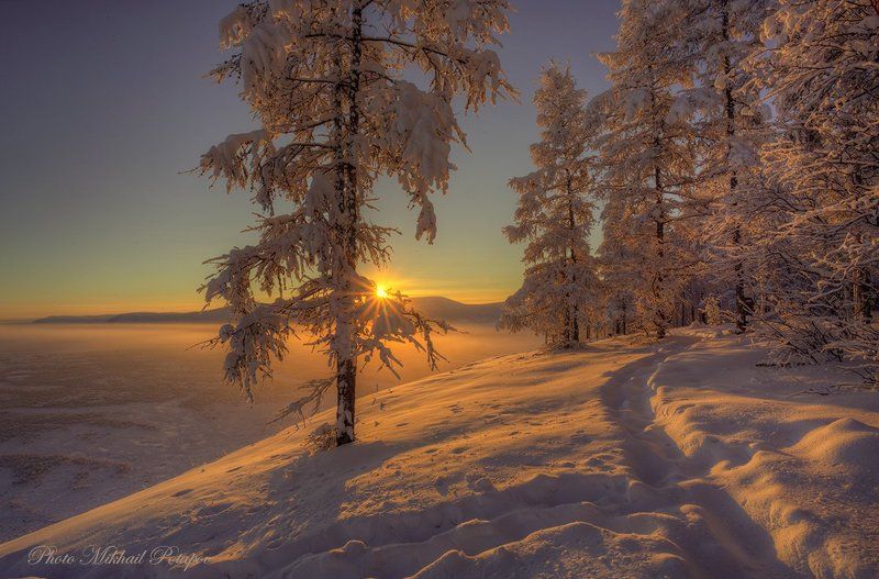 природа, закат, река, горы, закат, зима, снег, мороз, солнце, январь, якутия Зимнее золото фото превью