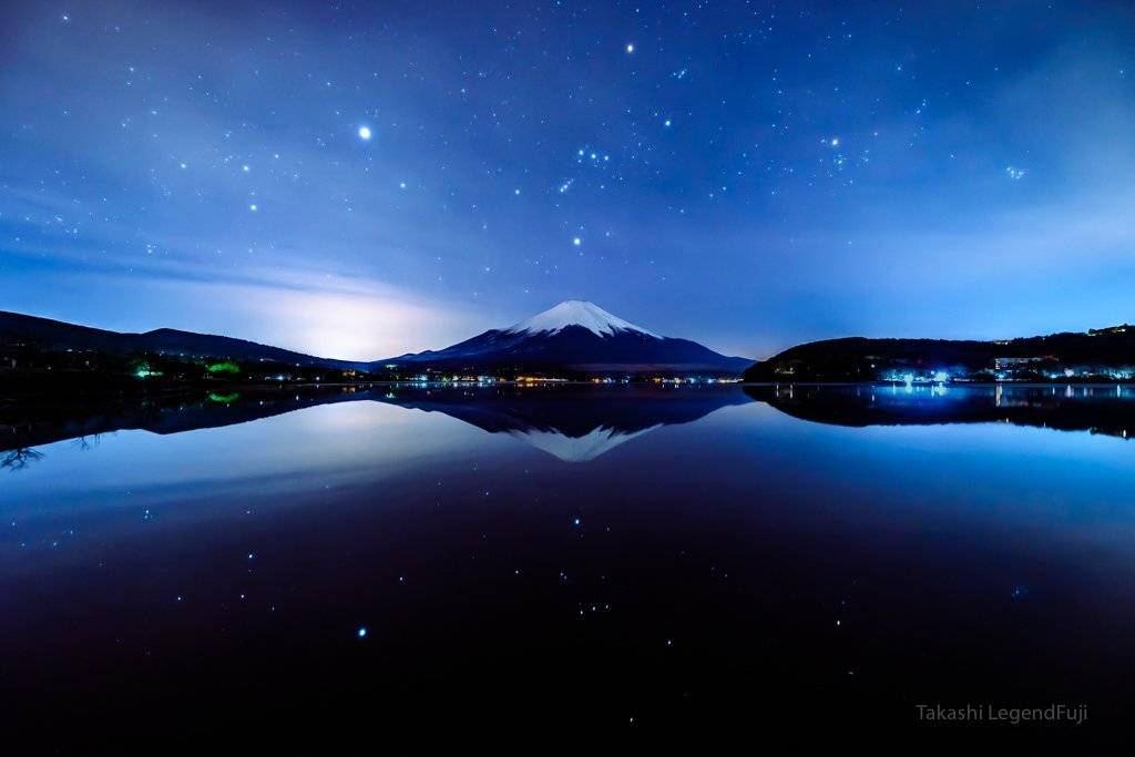 Fuji,Japan,mountain,Orion,star,lake,water,night,reflection,, Takashi