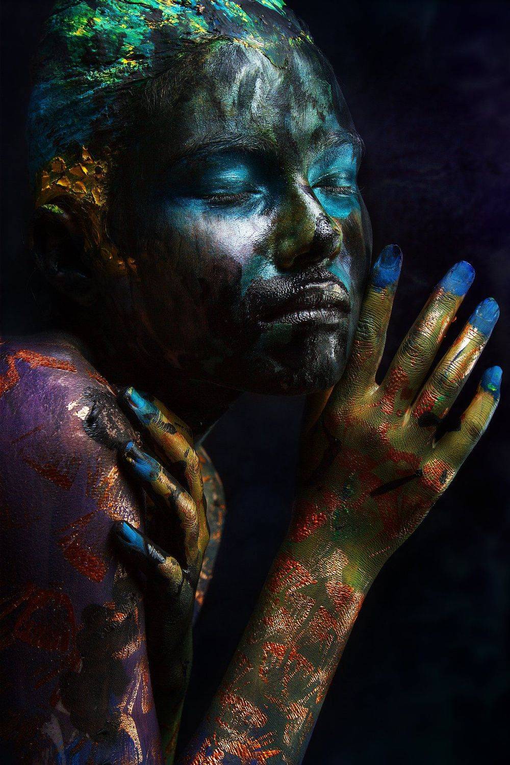 people, girl, portrait, art, body, oil, fish, texture, relief, eye, neck, paint, makeup, body art, forever, opinion, creative, Ковалёв Иван