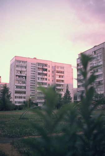 Закатное солнце освещает девятиэтажку
