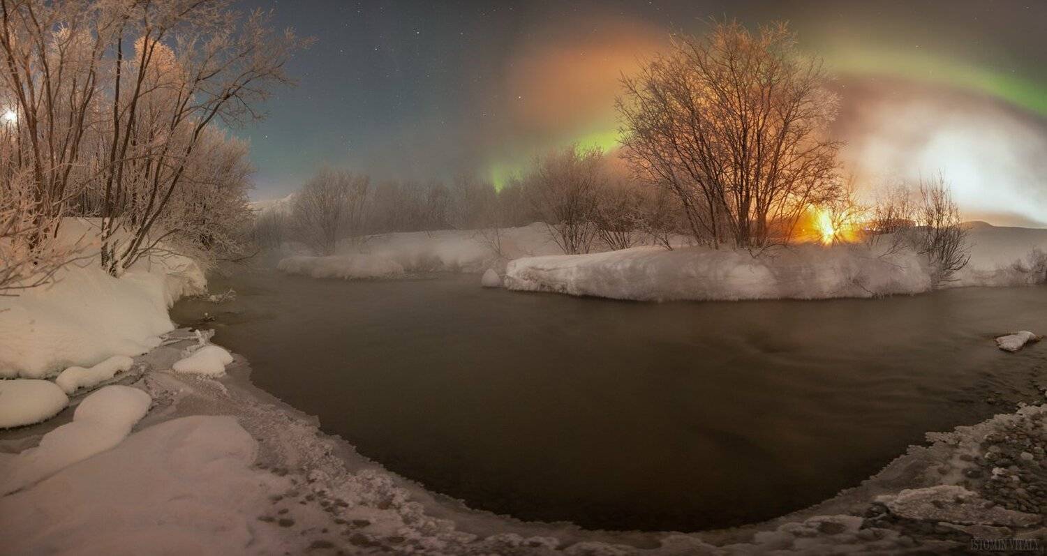 пейзаж,ночь,горы,кировск,сияние,вода,река,красиво,панорама, Виталий Истомин
