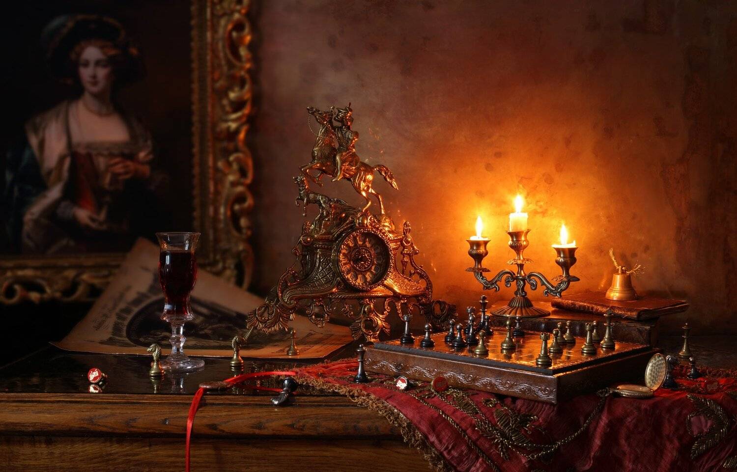 часы, живопись, шахматы, история, свечи, книги, портрет, девушка, золото, свет, вечер, Андрей Морозов