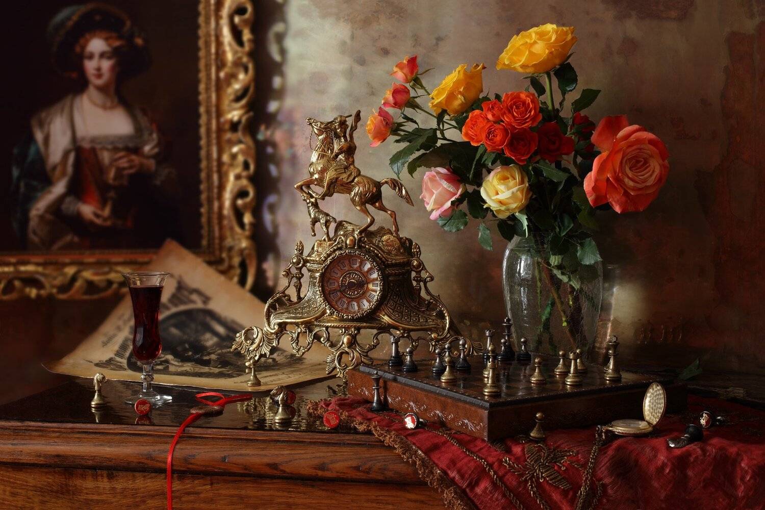 шахматы, цветы, розы, часы, портрет, Андрей Морозов