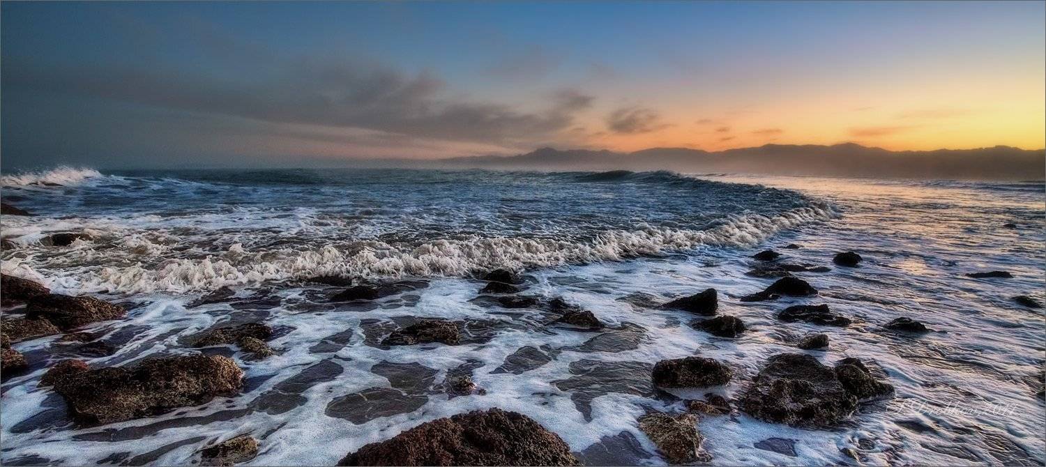 закат, прибой, море, небо, горы, волны, Sergey Drobkov