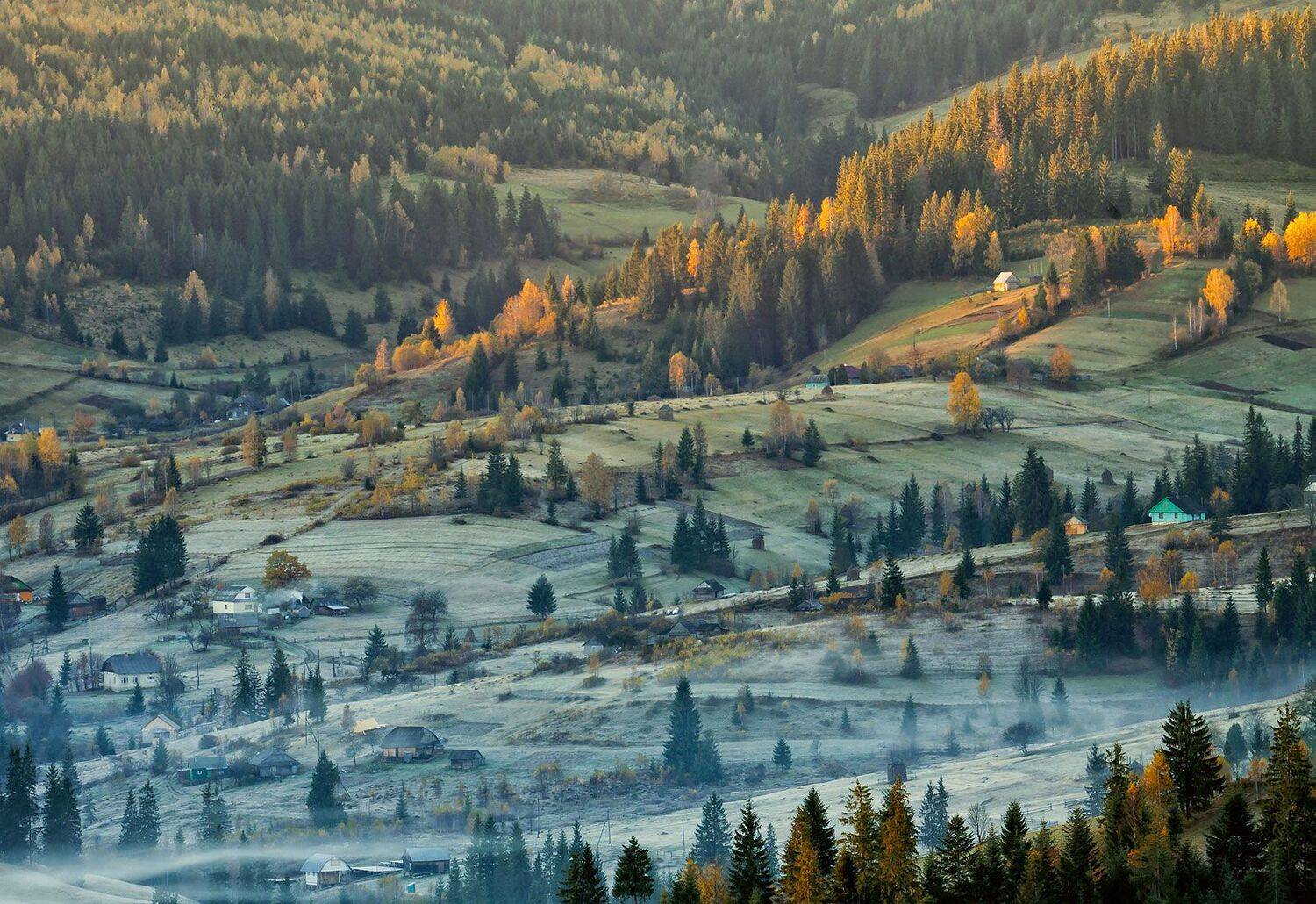 зима, карпаты, осень, поселок, туман, утро, сенечив, Михаил Глаголев