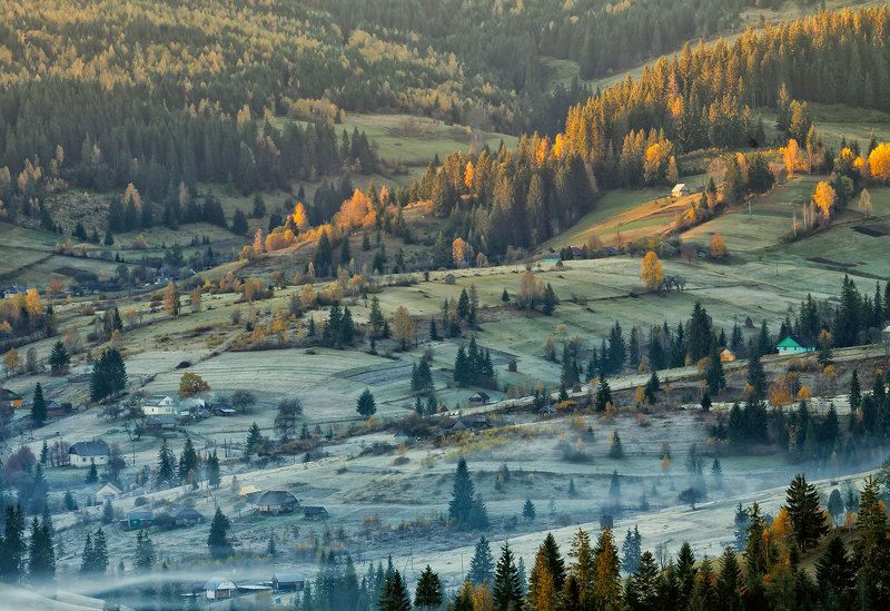 зима, карпаты, осень, поселок, туман, утро, сенечив Зима наступает... фото превью