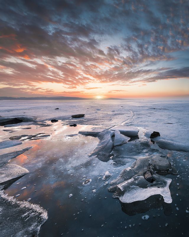 sunset, winter, ice, lake, water, sky, nature, landscape Fire and ice фото превью