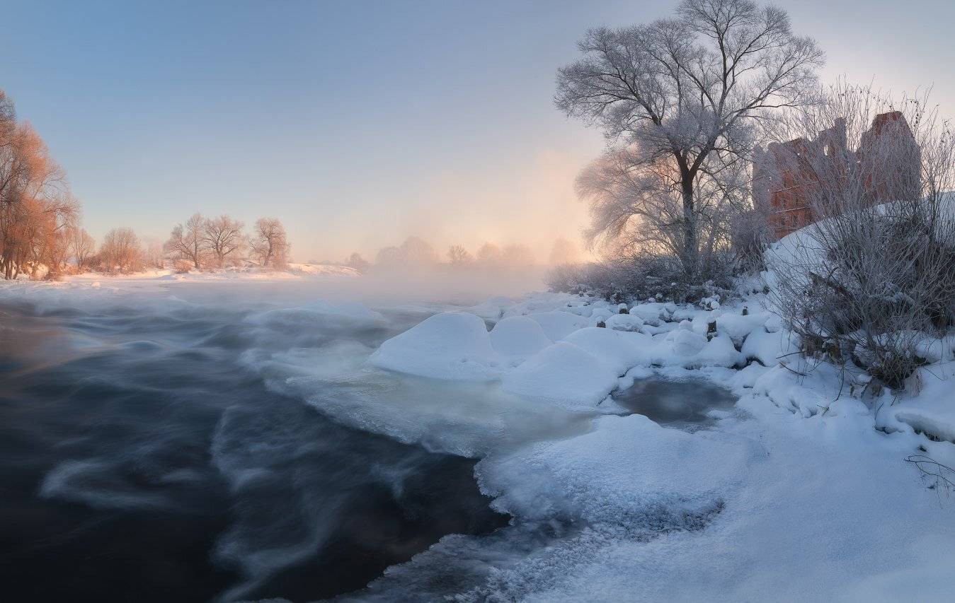 рассвет, зима, панорама, река, вода, мороз, зима, лед, пар, иней, пейзаж, пейзажное фото, фототуры выходного дня, путешествия, landscape, winter, nikon, Жмак Евгений