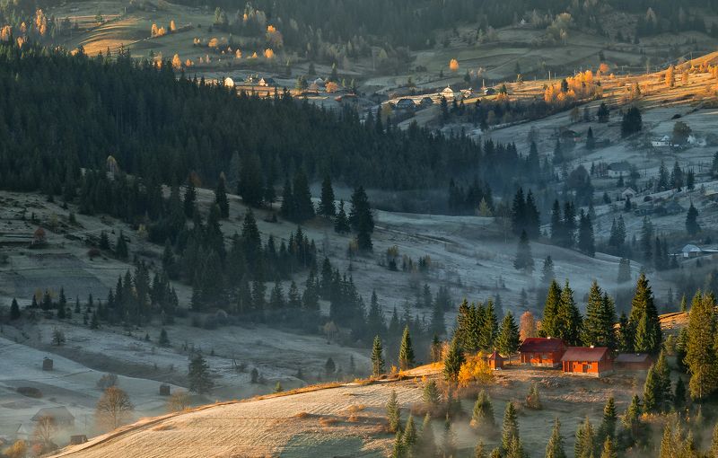 карпаты,	осень, поселок, туман, утор,	солнце Встречая новый день... фото превью