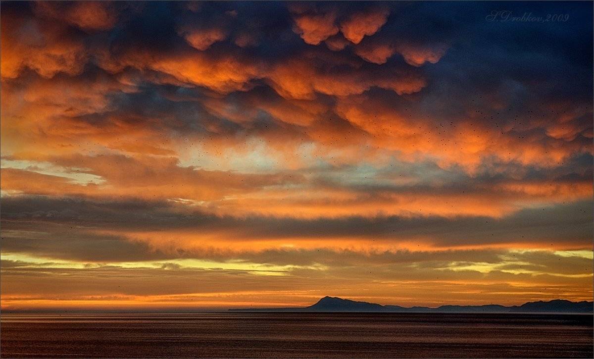 рассвет, море, небо, облака, птицы, горы, Sergey Drobkov