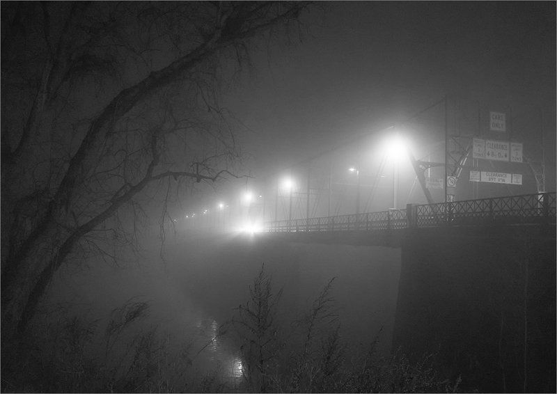 night fog river bridge Foggy Night фото превью
