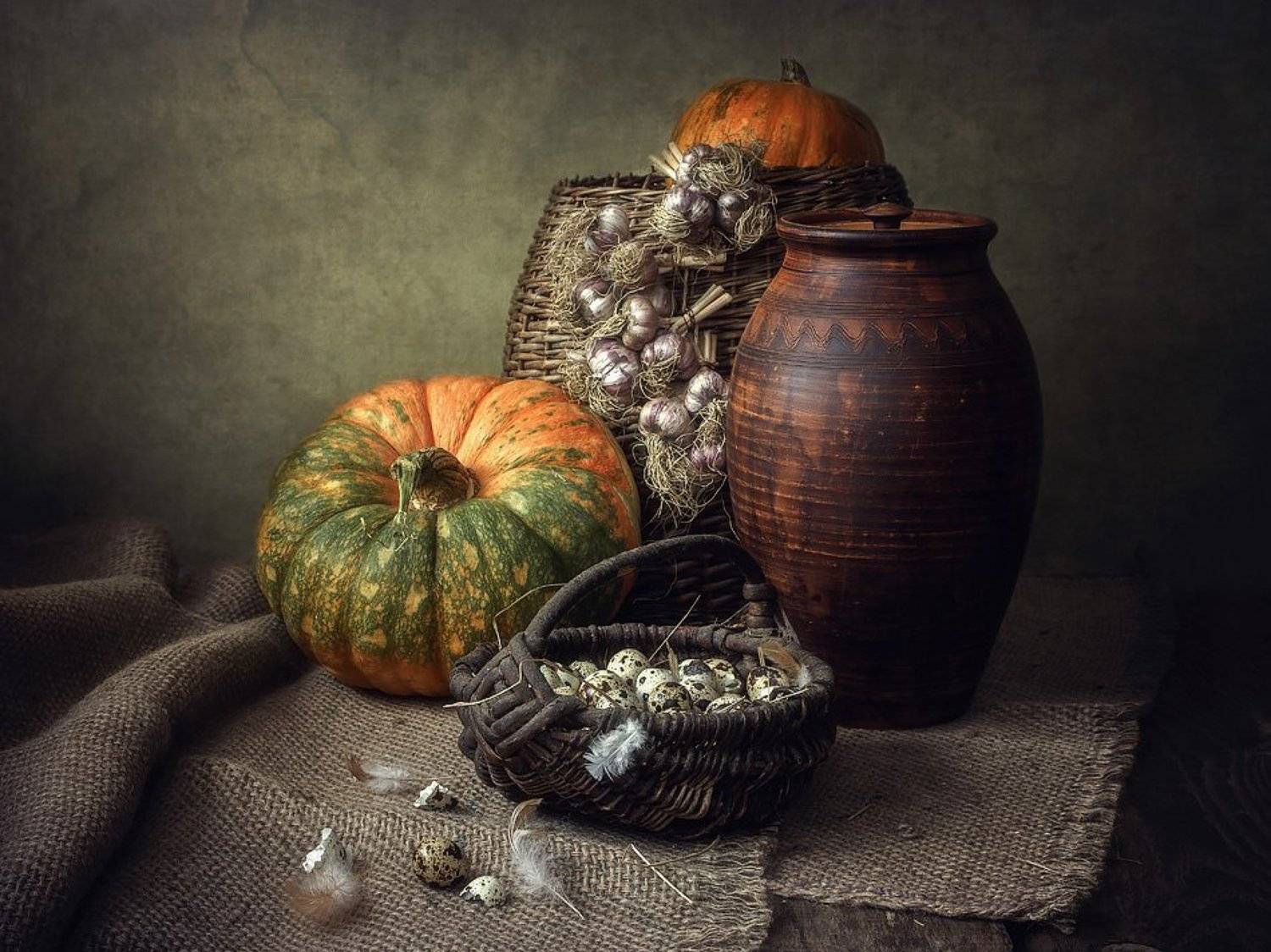 натюрморт, тыквы, чеснок, перепелиные яйца, глиняный горшок, корзина, Ирина Приходько
