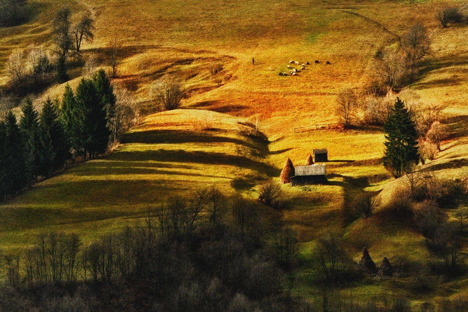горы, домики, осень, стога, луга, стадо, овцы, пастух, Вьюшкин Игорь