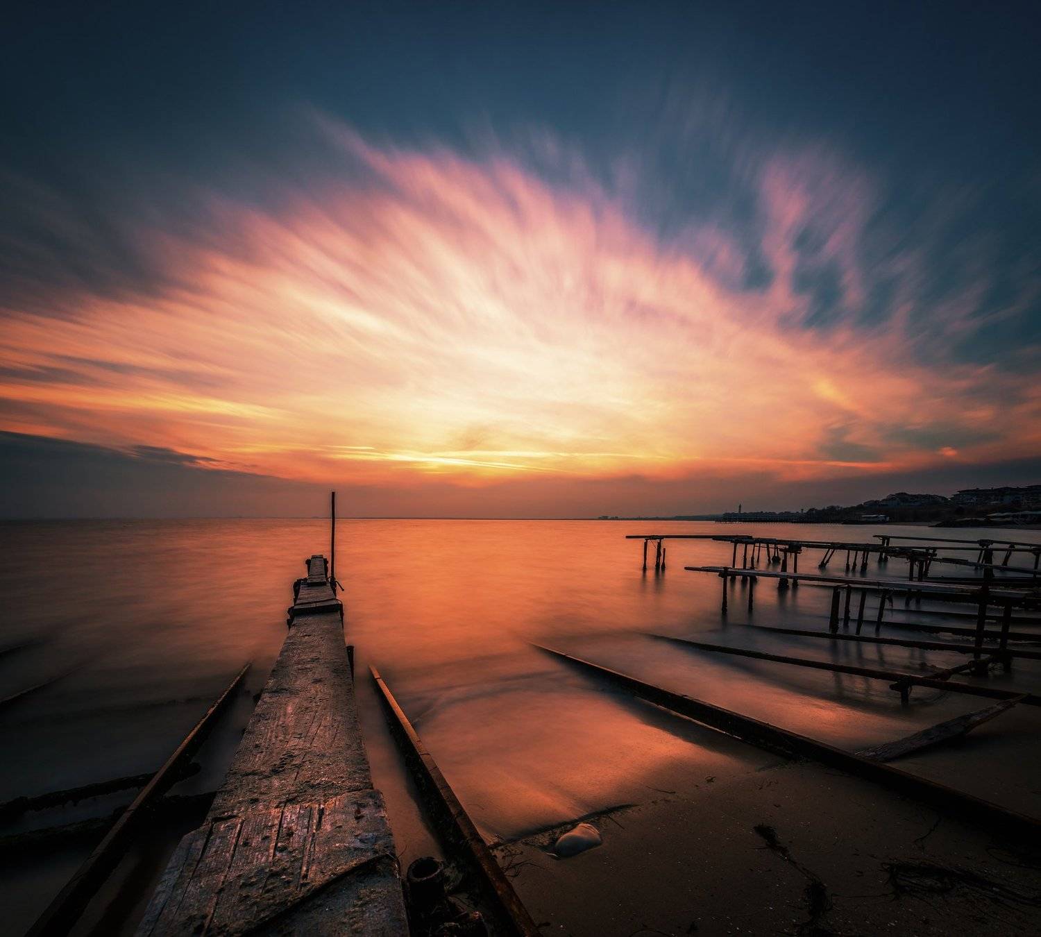 sunset, nature, sea, water, landscape, pier, clouds, long exposure, Jeni Madjarova