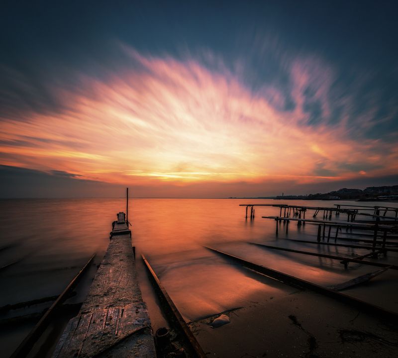 sunset, nature, sea, water, landscape, pier, clouds, long exposure Sunset in November фото превью