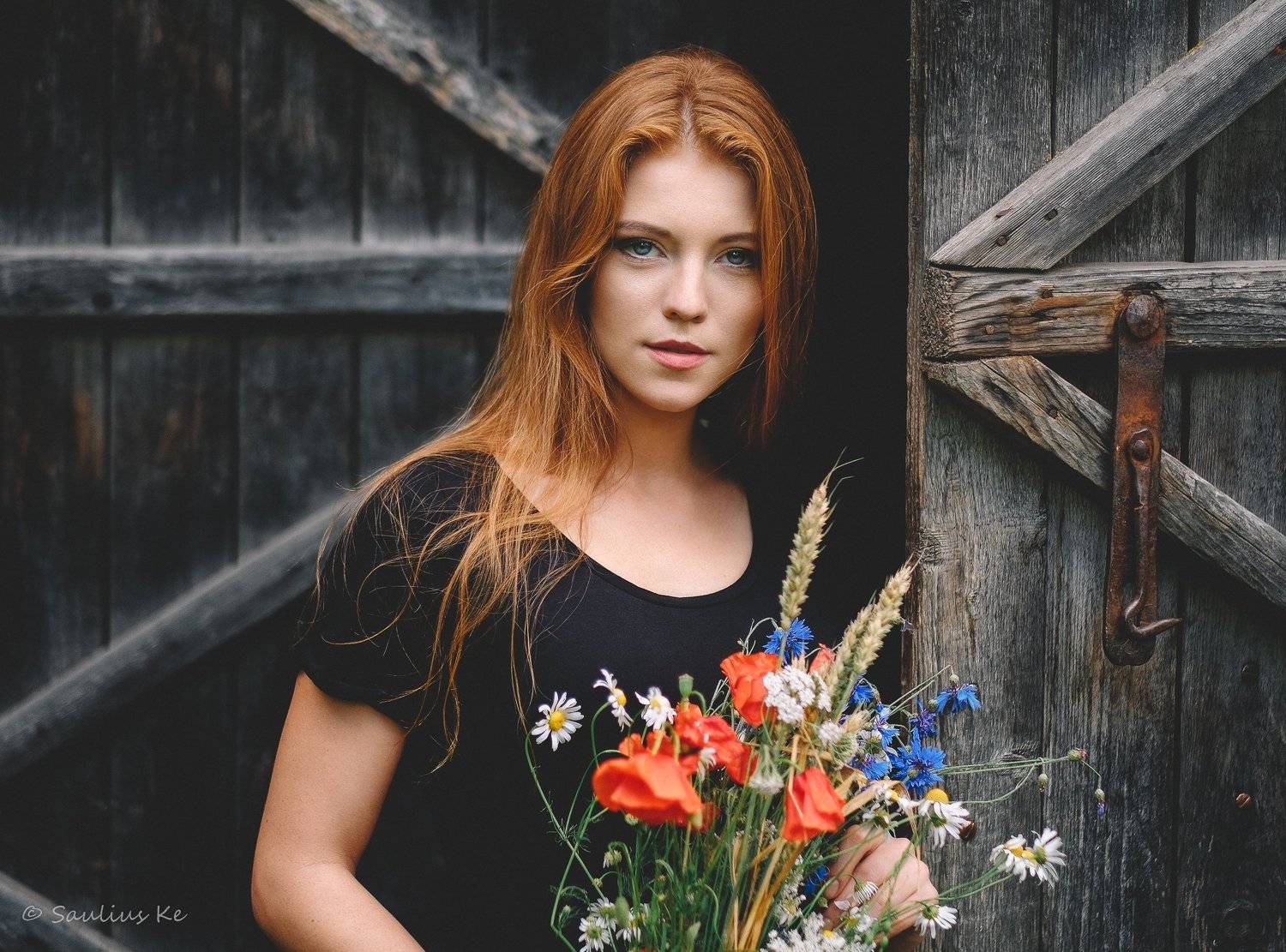 girl, female, pretty, portrait, redhead, flowers, Saulius Ke
