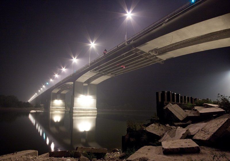 мост, ока, ночь, свет, фиолетовый, белый, река, вода, отражение, камни, сооружение, постройка, bridge, рязань, ryazan, river, night, light, violet, white, cold, stone, construction Мост фото превью