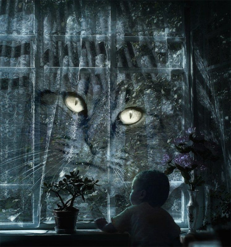 сказки,коллаж,ребенок,луна,полночь,вазон,ваза,цветы,кот,занавески сказки на ночь фото превью