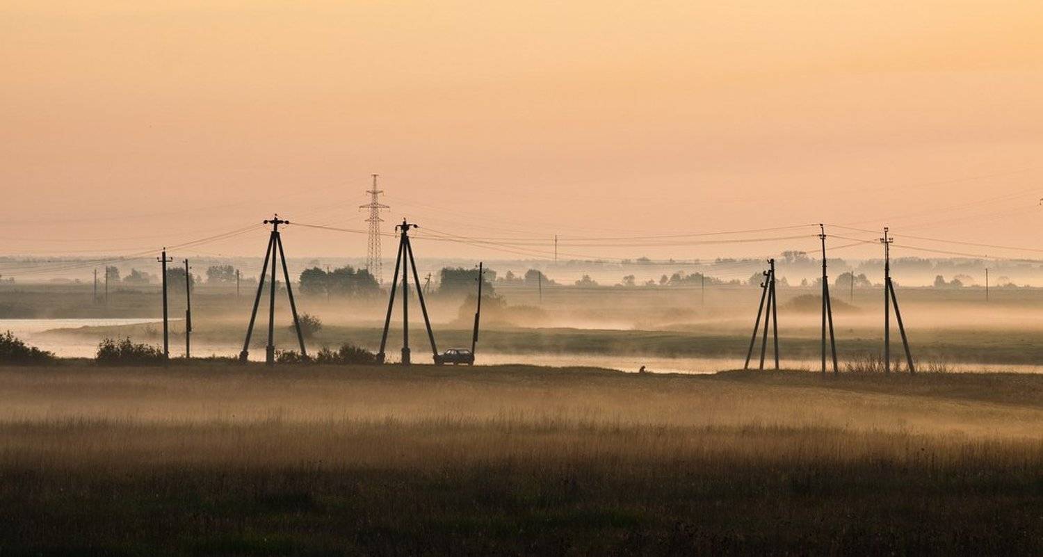 туман, смог, опоры, лэп, оранжевый, линии, столбы, машина, поле, smog, auto, stand, orange, sunrize, sunset, lines, electric, восход, Alexey Shiryavsky