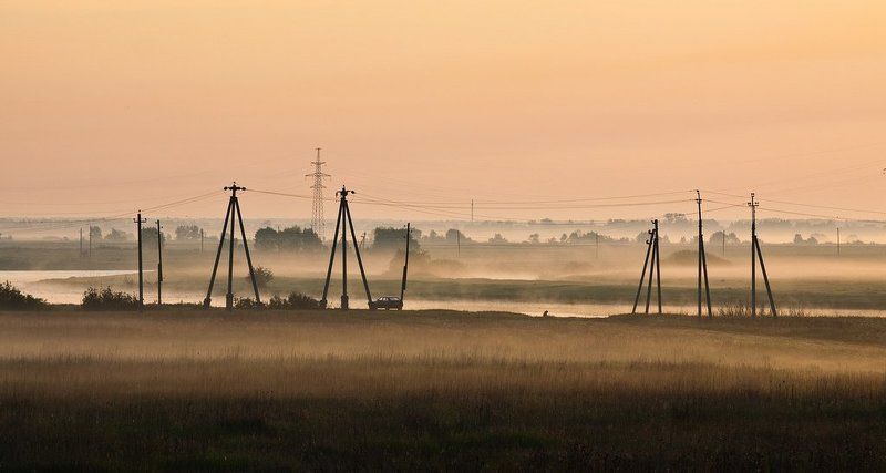 туман, смог, опоры, лэп, оранжевый, линии, столбы, машина, поле, smog, auto, stand, orange, sunrize, sunset, lines, electric, восход Туман фото превью