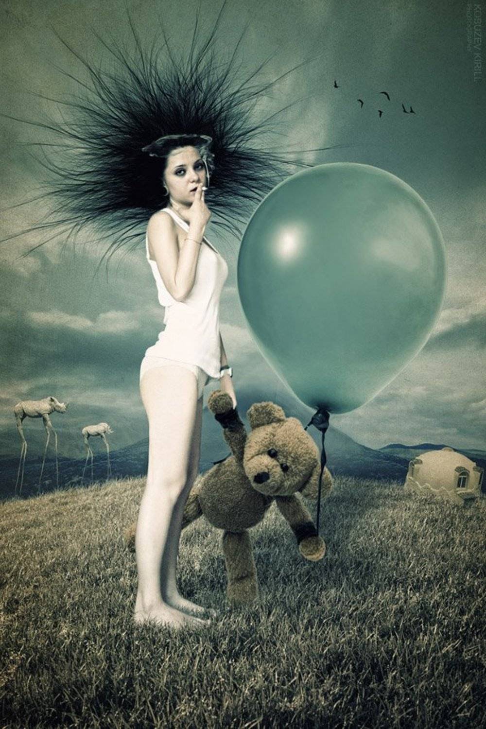 девушка, дали, трава, закруглённый, сигарета, небо, красиво, трусы, майка, накрашенная,носороги, коллаж, компьютерная, графика, Кирилл