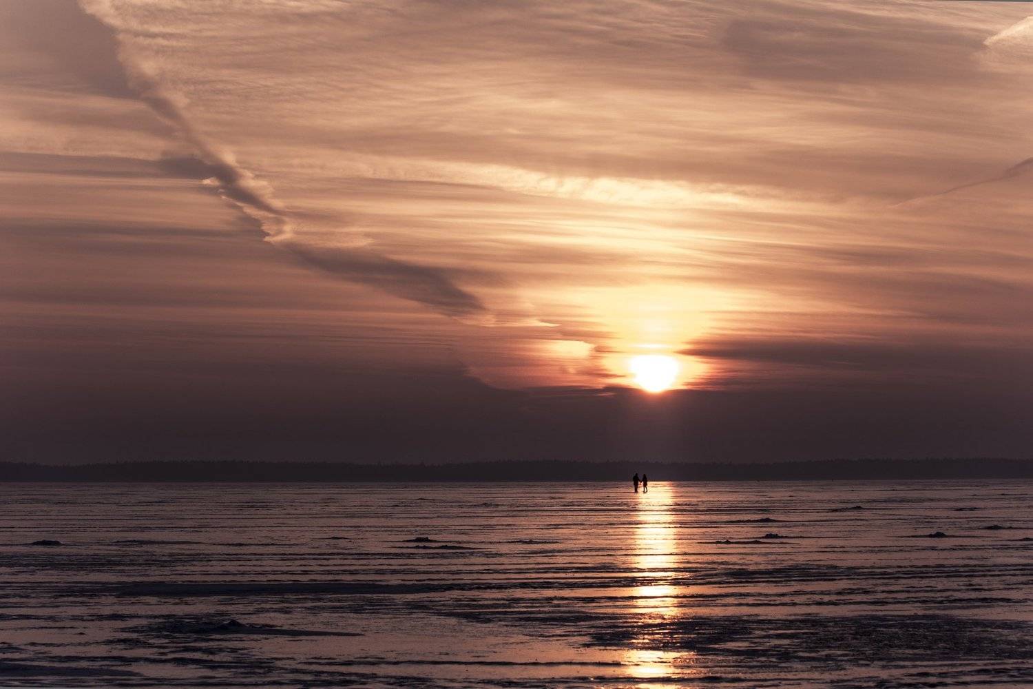 sunset, lake, couple, ice, Zenonas Mockus
