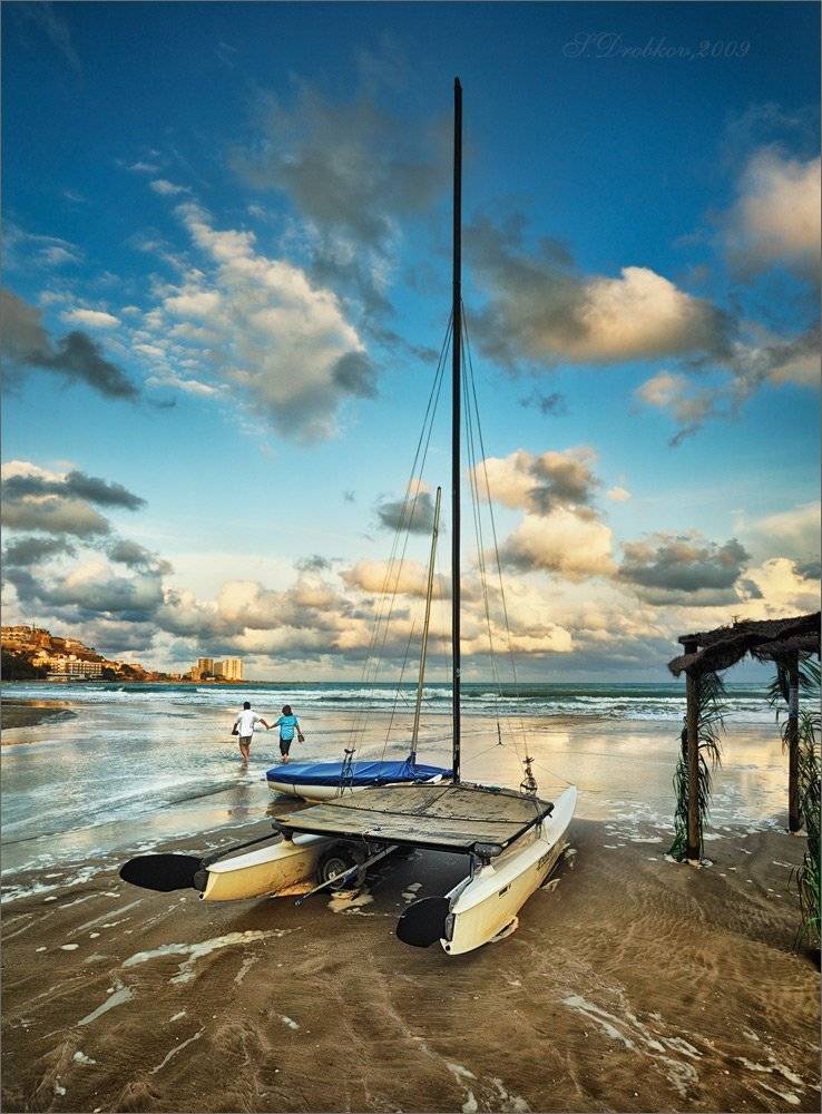 море, город, лодка,закат, двое, Sergey Drobkov