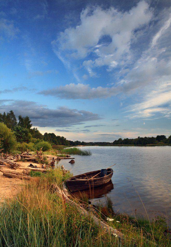 пейзаж, лодка, латвия, гауя, река, вечер, лето, бревна, Karlis Keisters