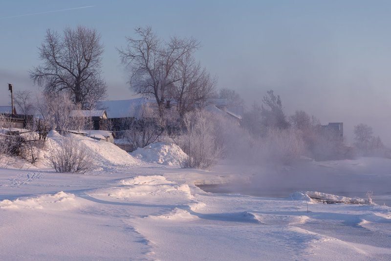 зима, вечер, река, туман, снег, деревья, берег, архангельск Морозный вечер фото превью