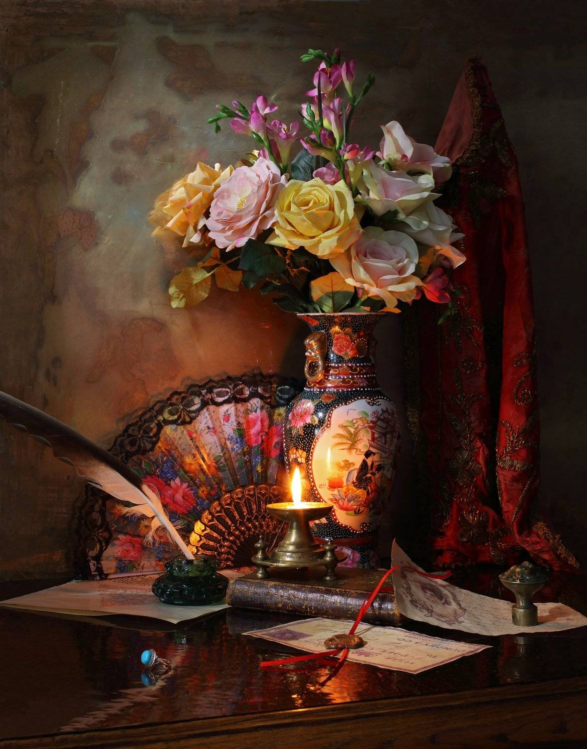 цветы, ваза, розы, свеча, Андрей Морозов