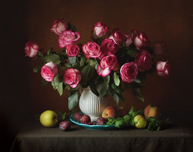 натюрморт, розы, букет, цветы, фрукты, лето *** фото превью