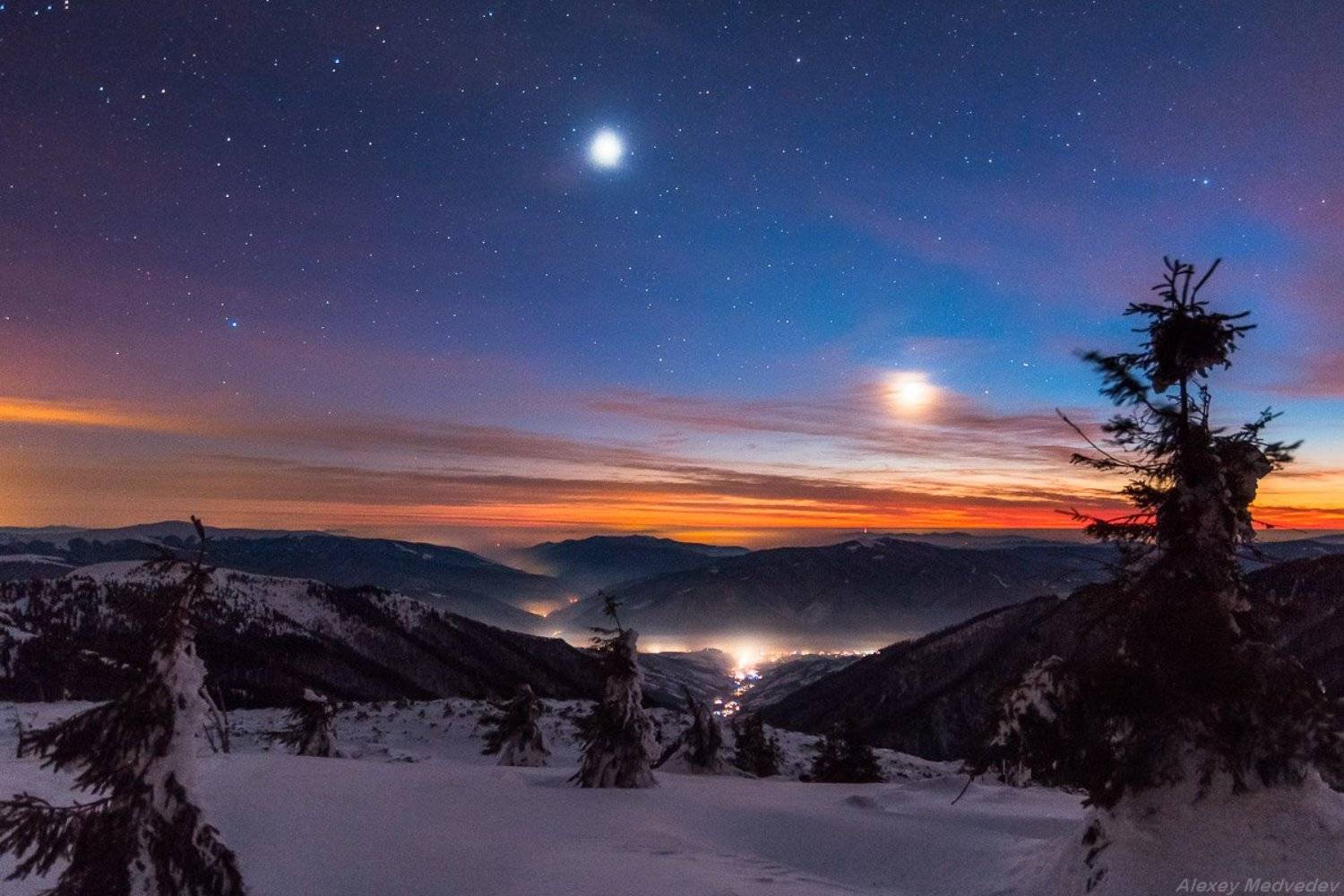 зима, карпаты, зимний поход, поход, хребет, пишконя, ночь, звезды, венера, сумерки, колочава, Алексей Медведев