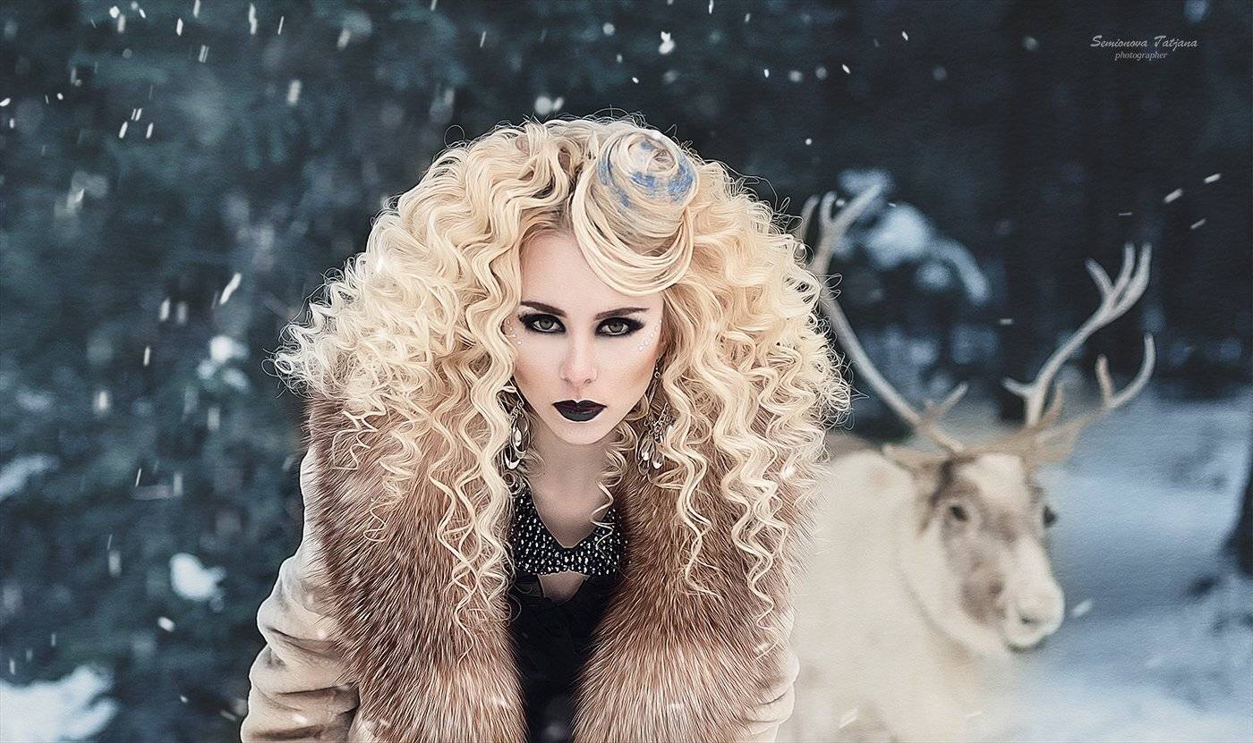Олень, зима, девушка, фентази, блондинка, снег , Семенова Татьяна