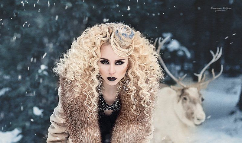 Олень, зима, девушка, фентази, блондинка, снег  Оленья сказка  фото превью