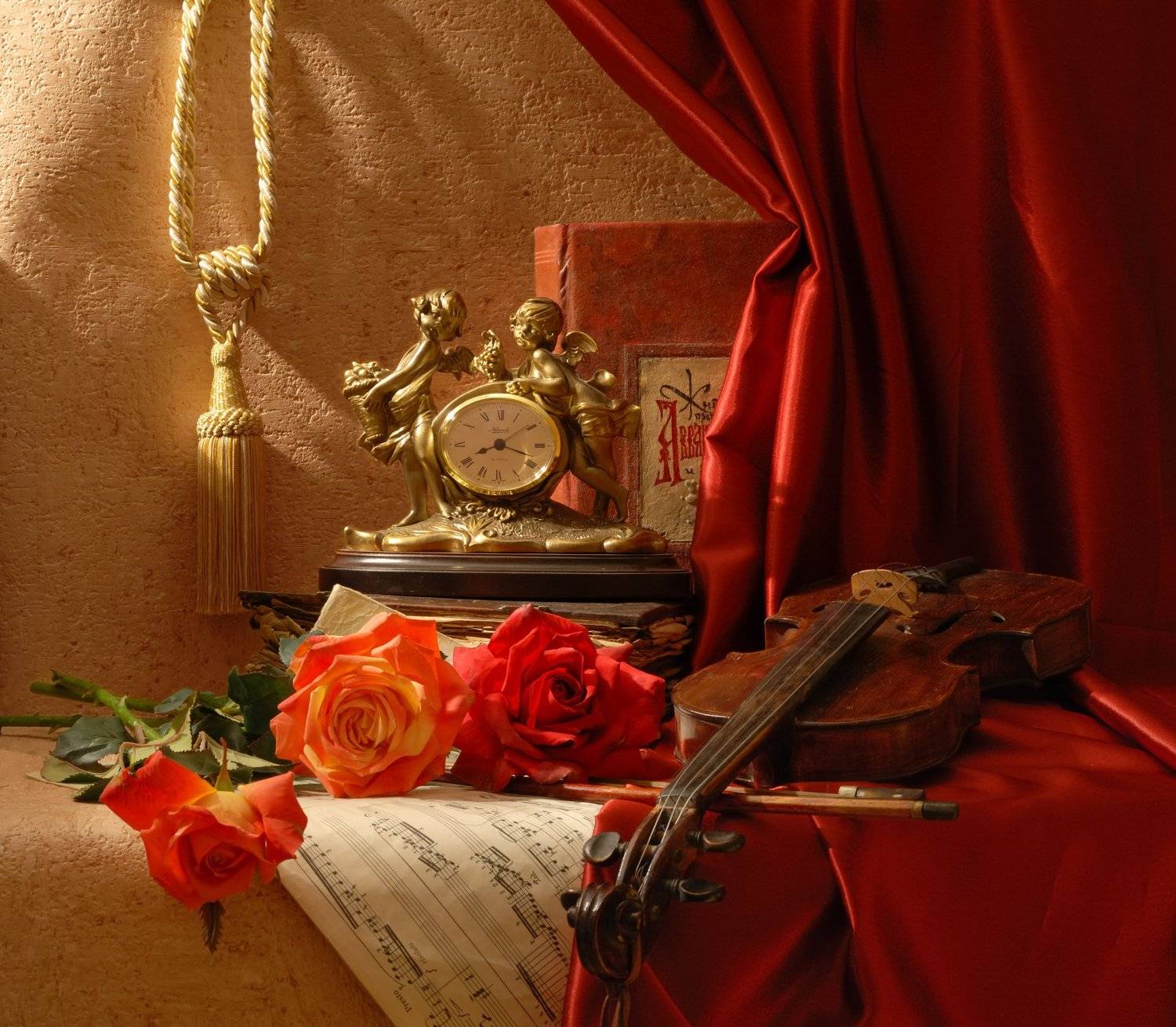 розы, скрипка, музыка, цветы, часы, Андрей Морозов