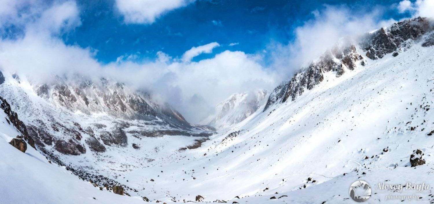 горы, природа, снег, зима, долина, облака, Алексей Байфа