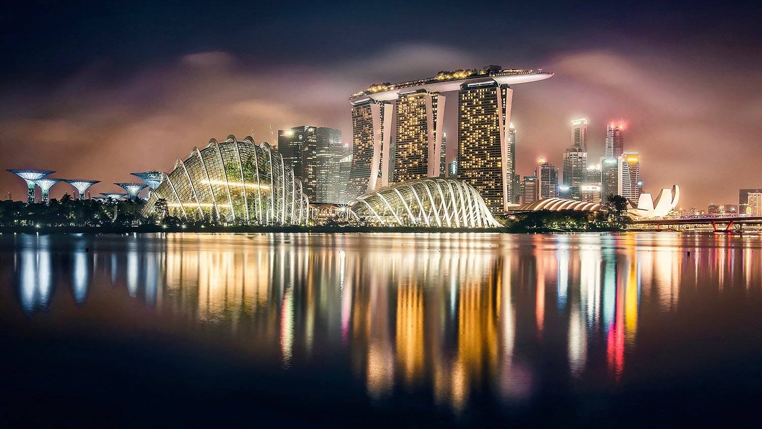 сингапур, город, городской пейзаж, ночь, отражение, Алексей Ермаков