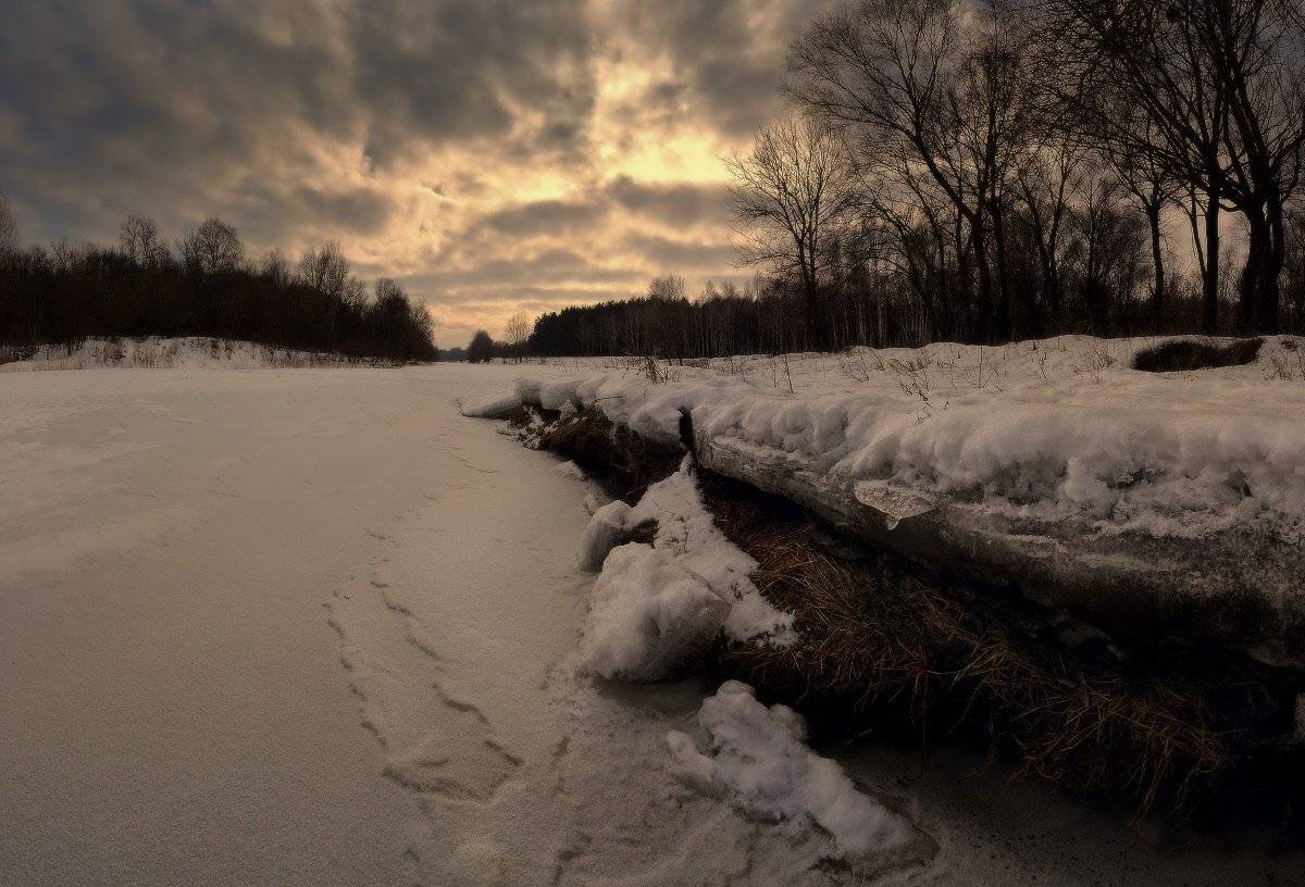 вечер, зима, лед, река, снег, февраль, Петриченко Валерий