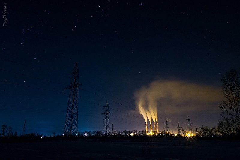 Томь-Усинская, ГРЭС, ночь, зима, звёзды, звёздное небо, созвездия, ЛЭП, электростанция Свет фото превью