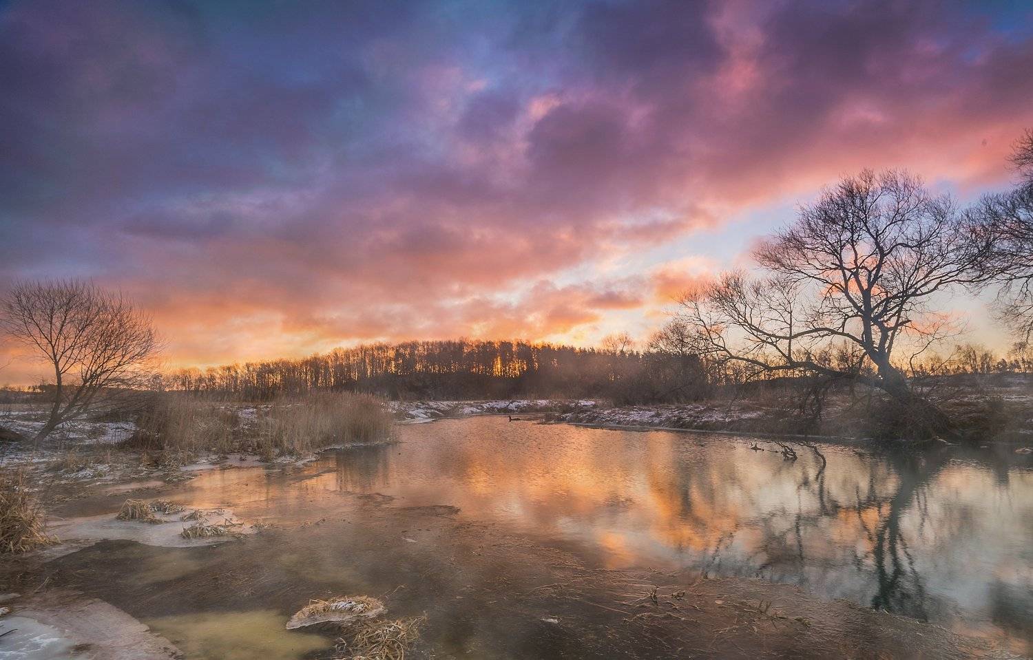 рассвет заря река небо беларусь пейзаж зима снег лес деревья февраль контраст панорама,, Попков Александр