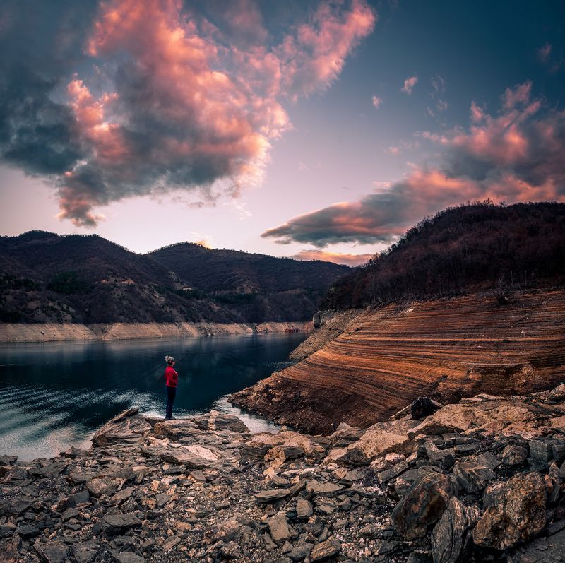 sunset, water, dam, landscape, mountain In th e end of the winter фото превью