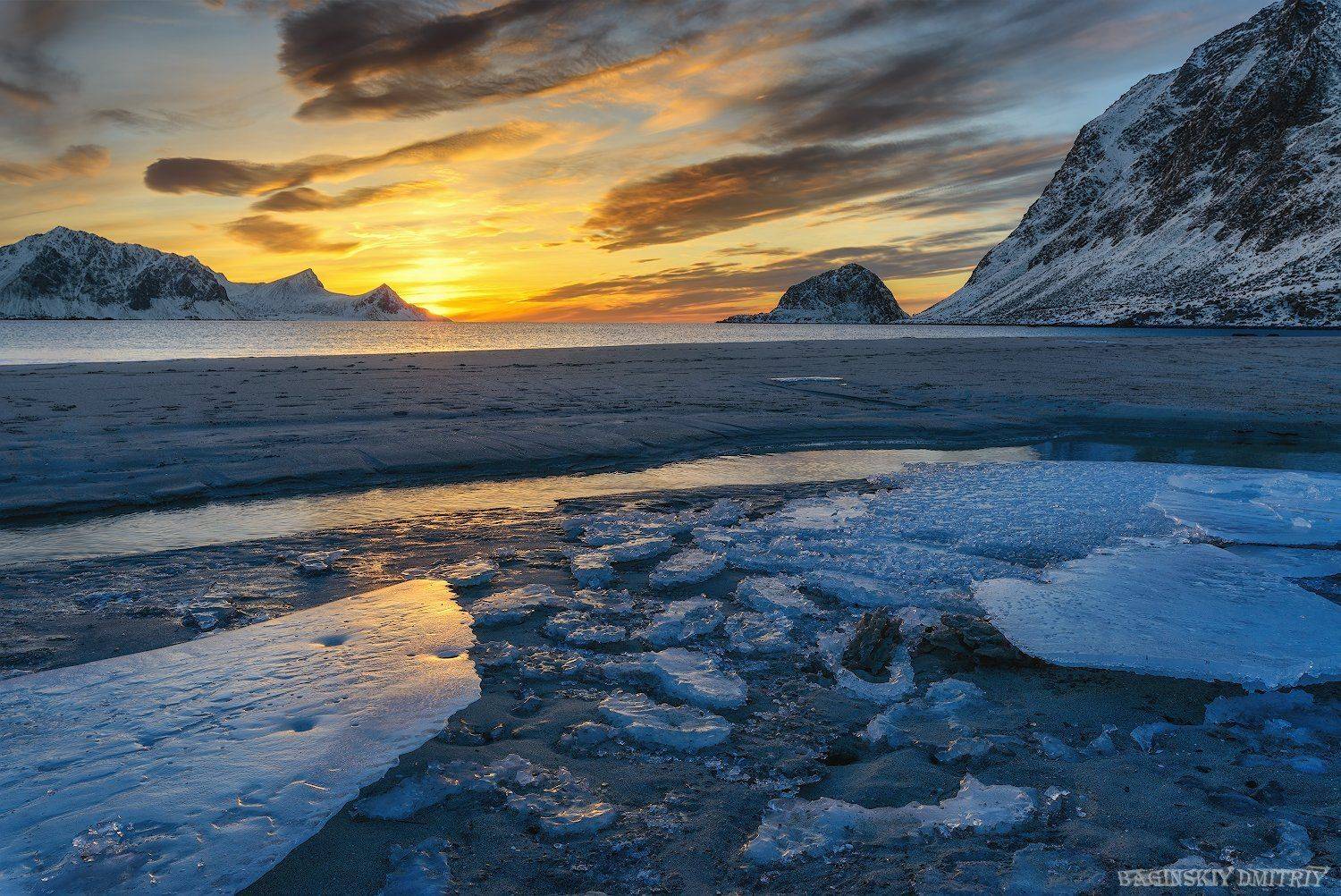 закат, пляж, солнце, горы, море, норвегия, Dmitriy  Baginskiy