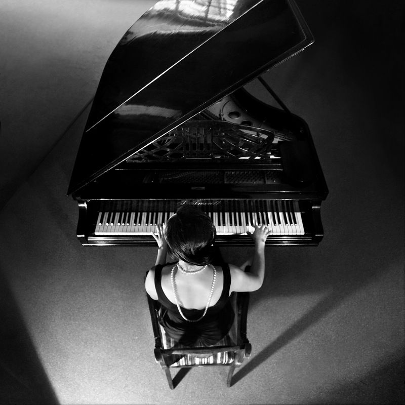piano, music, pianist, concert, scene, light, black and white, geometry, top view, instrument, back, Piano фото превью