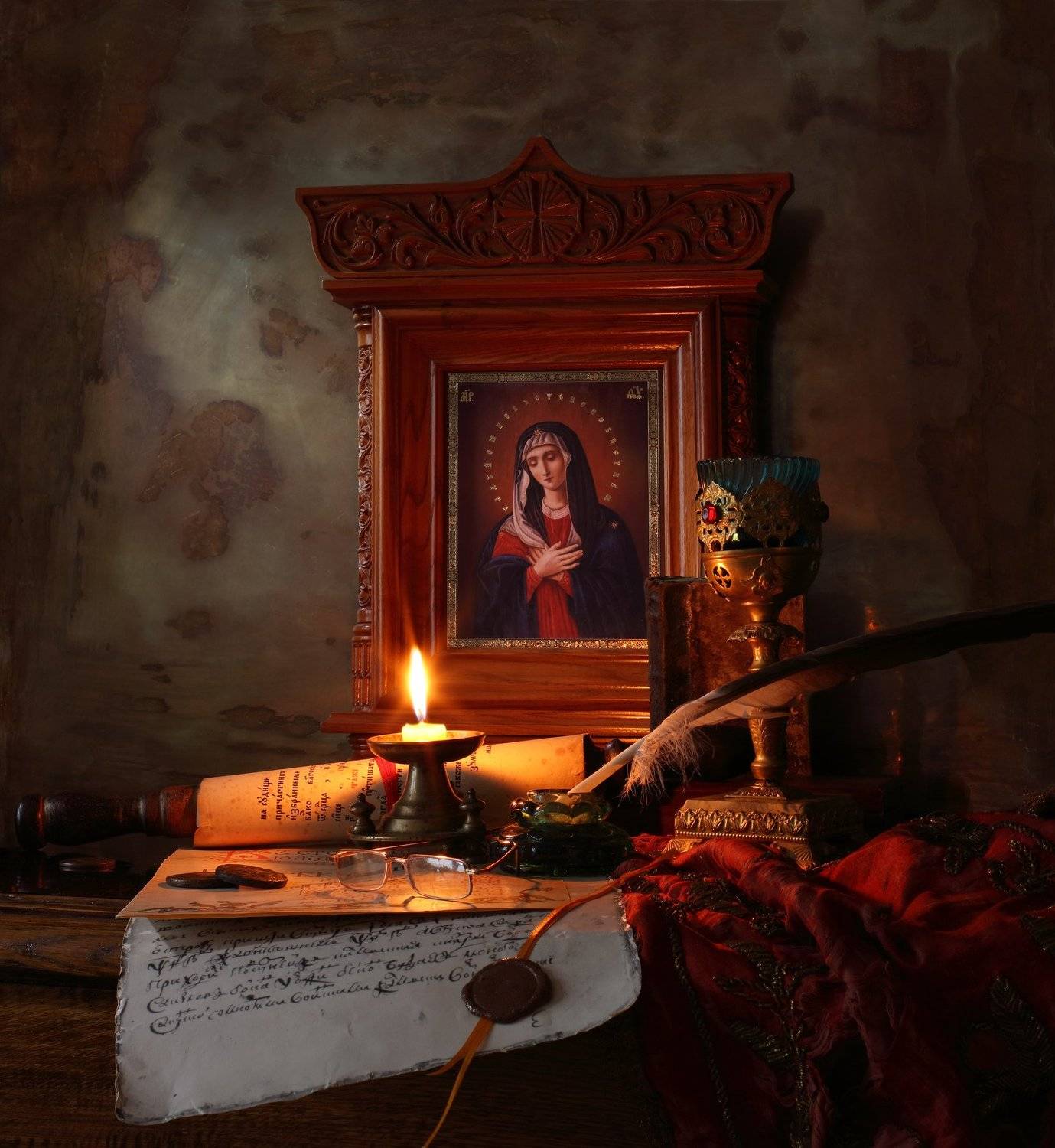 икона, религия, православие, Богородица, свеча, свиток, Андрей Морозов