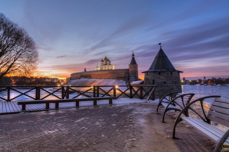Псков, Кремль, Кром, история, утро, рассвет, небо, утро, река, реки, Великая, Пскова, крепость Утро фото превью