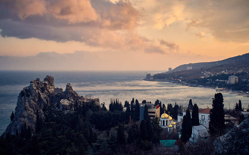 Крым, Ялта, Гурзуф, Пейзаж, Природа, Море, Облака, Закат, Церковь, Скалы Закатный Гурзуф фото превью