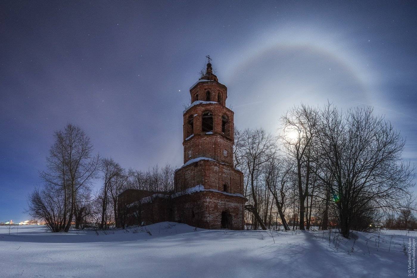 ночь, звезды, луна, гало, церковь, усолье, пермский край, Владимир Ушаков