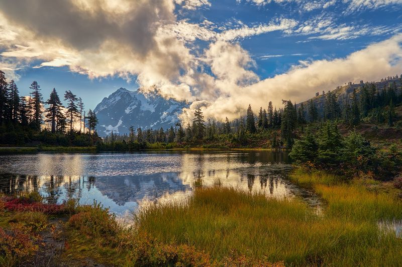 озеро, горы, отражение, деревья, трава, облака, лето, пейзаж Picture Lake фото превью