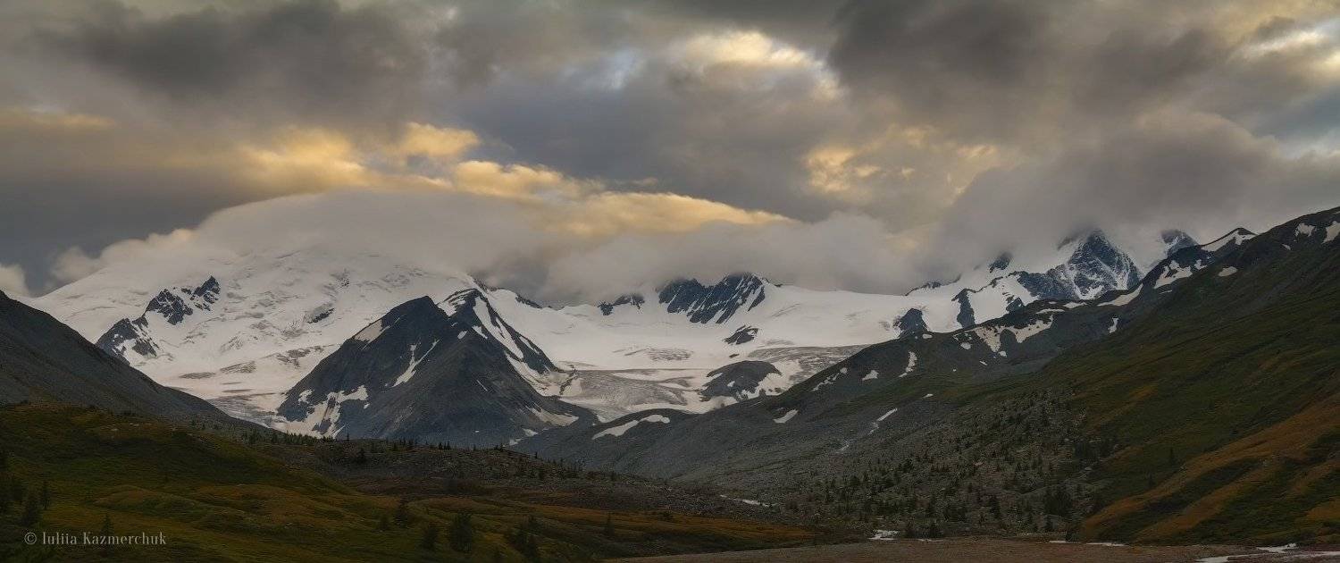 горный алтай, талдура, большой талдуринский ледник, южно-чуйский хребет, горы, лето, август, ледник, облака, река, вода, камни, морены, снег, долина, закат, altai, mountain, summer, glacier, clouds, river, water, stone, snow, valley, sunset, sky, Казмерчук Юлия
